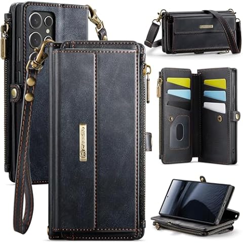 AUPAI for Samsung Galaxy S25 Ultra Wallet Case with Crossbody and Wrist Strap for Women Girls,Fashion PU Leather RFID Blocking Kickstand Flip Folio Phone Cover with Card Holder and Zipper Black Cover