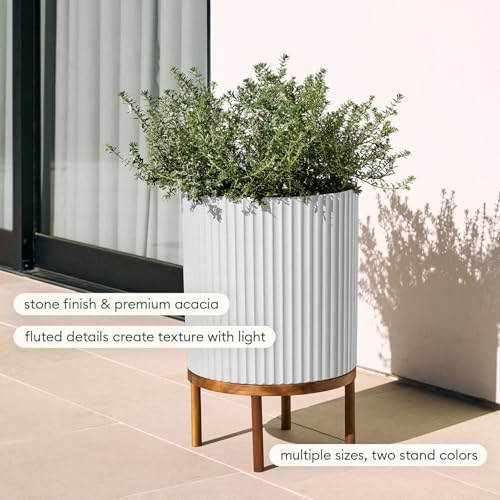 Image of Veradek Demi Series Raised Planter - Round Planter with Stand | Made From a Durable Plastic-Stone Composite & Comes With Wooden Stand. Modern Porch /Patio Decor