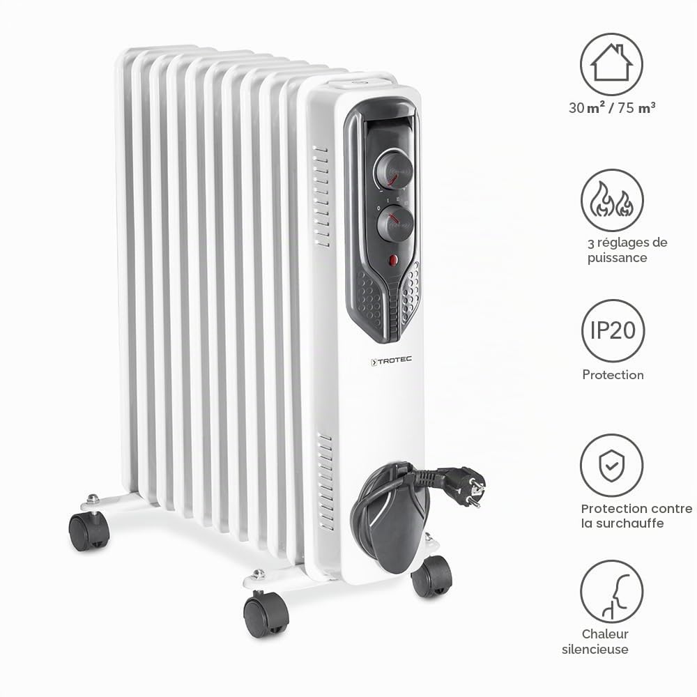 TROTEC Radiateur bain d'huile TRH 21 E, 3 niveaux de puissance, 2500W, thermostat réglable, 11 ailettes, chauffage silencieux avec fonction antigel