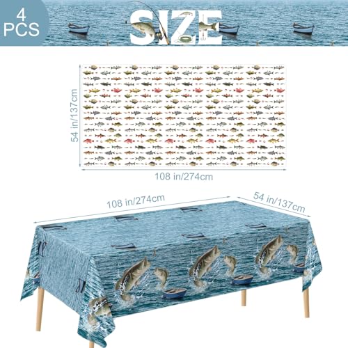Image of QIYANPAX 4 Pack Fish Tablecloths, Fishing Birthday Party Decorations, Gone Fishing Plastic Tablecloths for Bass Ofishally One Birthday Decorations, 54 inch x 108 inch