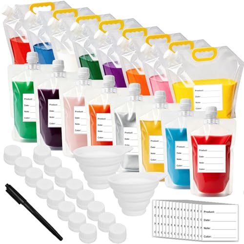 16 Pack Paint Storage Bags with 2 Pack Funnel and 32 Pcs DIY Label and a Marker 1L and 4L Airtight Refillable Stop Loss Paint Storage Bags with 16 Pcs Extra Caps for Home DIY and Pro Painters