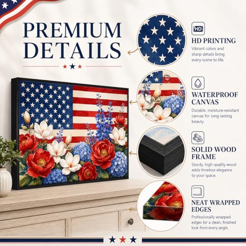 Image of American Flag Framed Canvas Wall Art, 4th of July Floral Canvas Prints, Wildflower Landscape Patriotic Decorations, Vintage Rustic Independence Day Wall Decor for Bedroom Living Room Office 12x16