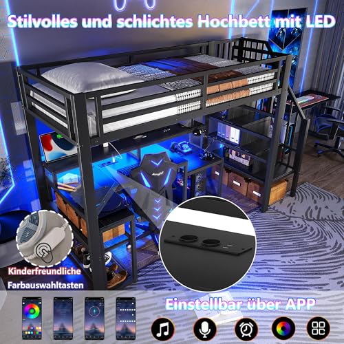 Cama alta con escritorio que soluciona dormitorios pequeños con luces LED 8
