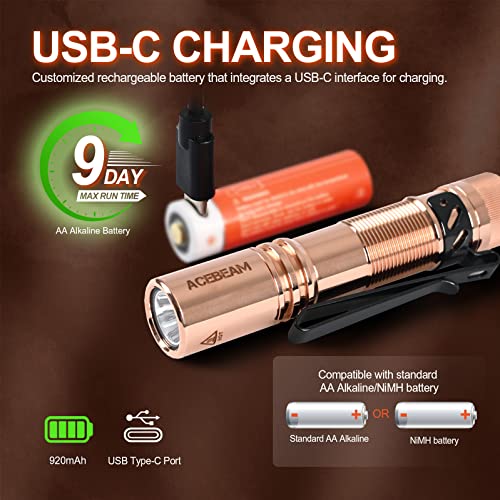 Acebeam Pokelit Aa Rechargeable Mini Flashlight With Clip, 500 High Lumens Pocket Edc Flashlight, Super Bright Small Flashlight,519A 90+ High Cri Led Flashlight For Camping,Hiking,Everyday Use(Copper) #TOP5