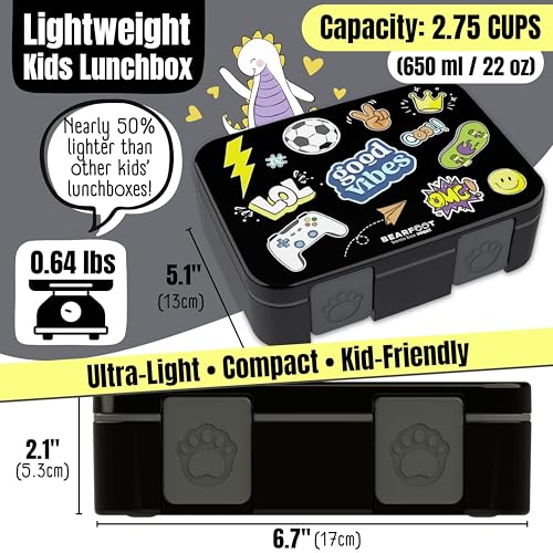 Image of BEARFOOT Kids Lunch Box with Compartments - Compact & Lightweight | Leak-Proof, BPA-Free, Dishwasher Safe | Hand-Drawn Design for Preschool, School, Travel (Sticker Black, 2.75 Cups)