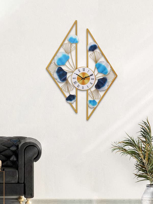 Image of CHRONIKLE Stylish Wall Art Floral Design Vertical Analog Metal Roman Numbers Wall Clock for Living Room Home Decor Office Gifts (Size: 68 x 1 x 97 CM | Weight: 2230 Gram | Color: Golden & Blue)