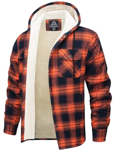 MAGNIVIT Mens Flannel Jacket Sherpa Fleece Lined Plaid Jackets Shirt Thick Snap Button Flannel Hoodie Cotton Winter Shacket