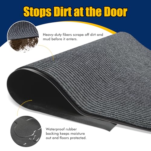 Image of Extra Large Indoor /Outdoor Entrance Mat - 4 x 6 Feet, Rubber Border Door Mat Heavy Duty, Waterproof, Low-Profile, Easy to Clean, Rubber Entry Mat, Commercial Floor Mat, Charcoal Grey
