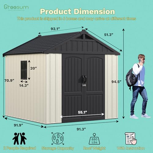 Image of Greesum 8x8FT Plastic Outdoor Storage Shed with Floor, Resin Sheds, Beige | Easy to Assemble Kick-it Shed| Eco-Friendly HDPE Material| 35% Fewer Screws| Lockable Doors with DIY Window & Multiple Vents