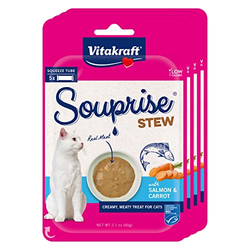 Vitakraft Souprise Stew Wet Cat Treat - Salmon and Carrot - Lickable Treat or Dry Cat Food Topper - Multi Pack of 4