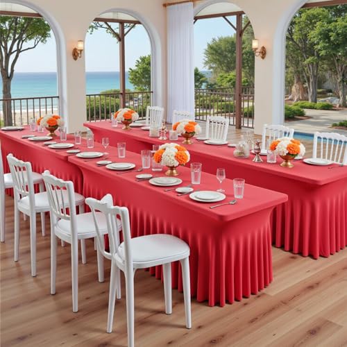 Image of 6 pk Red Spandex Tablecloth 6ft with Ruffle Skirt,Wrinkle Free High Stretch Fitted Tablecloths for 6 Foot Rectangle Tables,Pleated Skirts Spandex Table Covers 6ft for Christmas Party Banquet Wedding