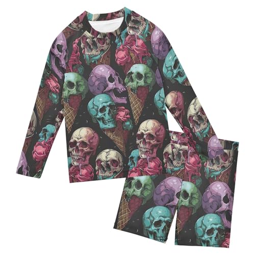 Sugar Skull Skeleton Ice Cream Boys Rash Guard Swimsuits Set Long Sleeve Swim Shirts Bathing Suits B0403440