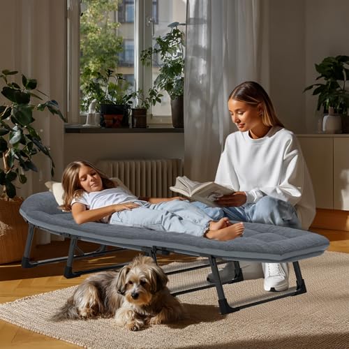 Image of SnozeFlex Chaise Lounge Chair, Folding Cot, 6-Angle Adjustable Camping Cot with Mattress for Patio and Beach, Foldable Bed Portable Heavy Duty Lay Flat Reclining with Pillow (Gray, M - 70'')