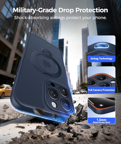 Image of FNTCASE for iPhone 15 Pro-Max Case: [360 Spin Magnetic Stand] [Compatible with Magsafe] [Screen Protector] Translucent Matte Military Grade Shockproof Full Camera Protective Phone Cover - Deep Blue