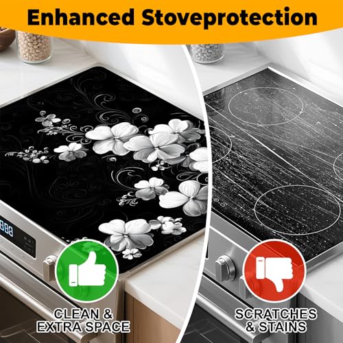Image of Stove Top Cover Retro Flower Gas Stove Top Cover for Home Decoration Kitchen Pad Non-Stick Washable Cooktop Covers Countertop Protector Keep Stove Clean 28 inchx20 inch (White flower-2)