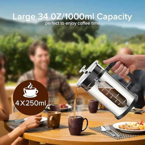 French Press Coffee Maker, 304 Stainless Steel Cold Brew Coffee Maker with 4 Filter, Heat Resistant Borosilicate Glass, Easy to Clean, BPA Free Iced Coffee Maker Rust-Free Coffee Press, 34ounce,Silver