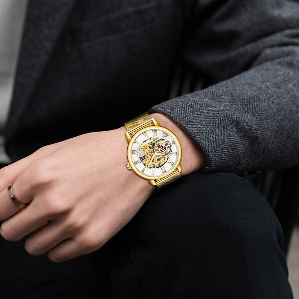 Reloj de Pulsera para Hombre con Esfera Transparente Hueca de Esqueleto Plateado, Correa de Malla