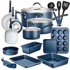 NutriChef Professional 20 Pc Kitchen Set in Navy Blue – Durable Non-Stick Pots and Pans with Bakeware Set, Compatible with Any Cooktop, Easy Clean, Cool-Touch Handles