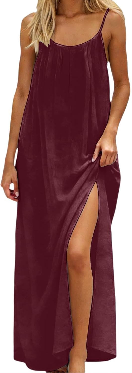 Sdwingk Cami Dresses for Women Sleeveless Cami Lounge Dress Backless Summer Split Dress Beach Maxi Sundresses with Back Tie