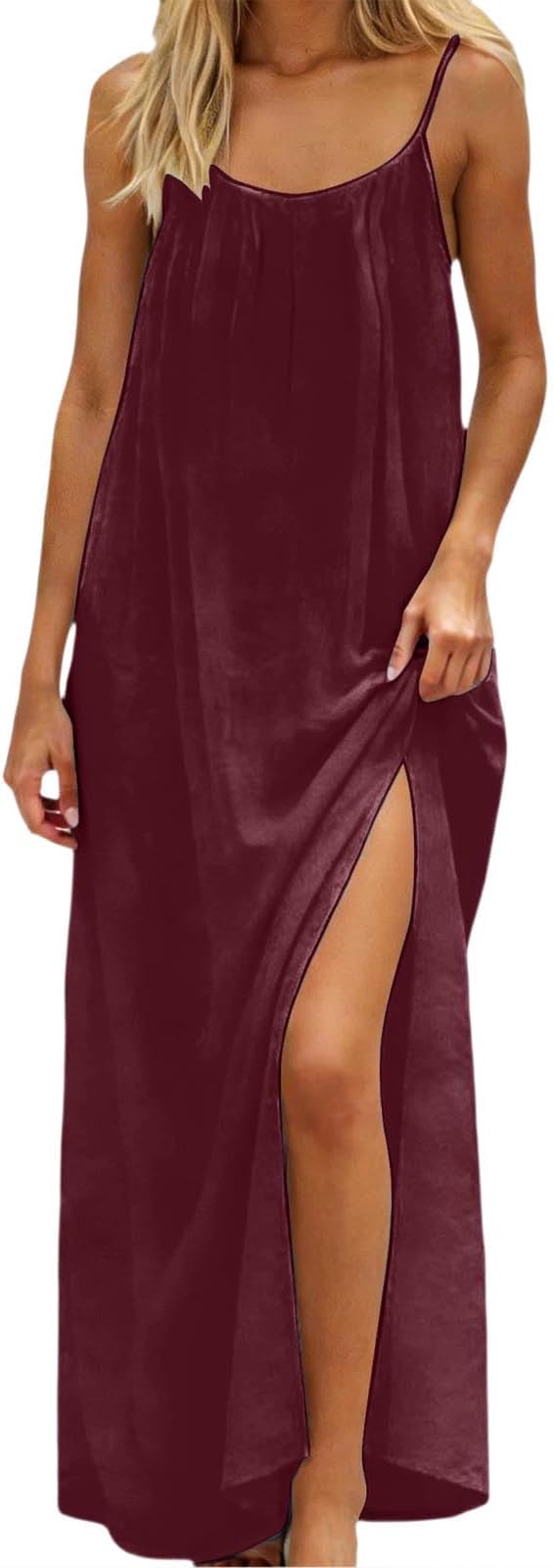 Cami Lounge Dress Backless for Women – Sleeveless Spaghetti Strap Maxi Dress Summer Casual Beach Long Dress Side Slit