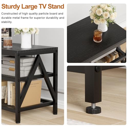 Image of 70 inch TV Stand for TVs up to 75 Inch with 3-Tier Storage Shelves | Black Modern 70 inch Long Industrial TV Console Table, Entertainment Center for Living Room, Bedroom
