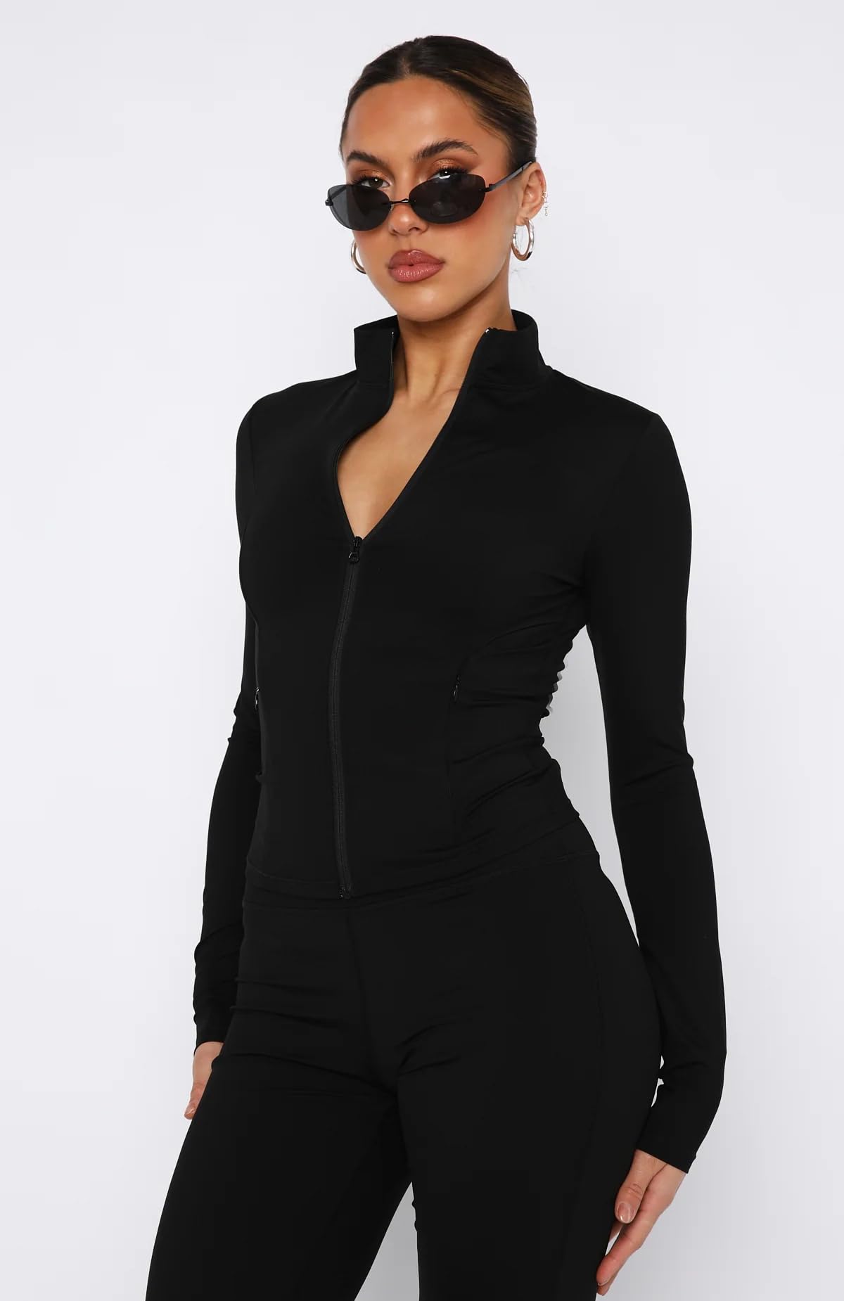 Uaneo Womens White Cropped Slim Athletic Yoga Workout Track Sports Zip Up Jacket, Black-pocket, Large 2