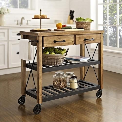 Pemberly Row Industrial Wood Rack Kitchen Cart in NaturalBlack