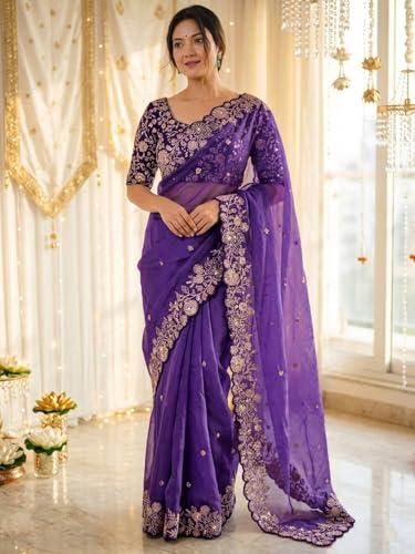 Image of SIRIL Women's Shimmer Georgette Scalloped Border Sequins Embroidery Saree with Unstitched Blouse Piece