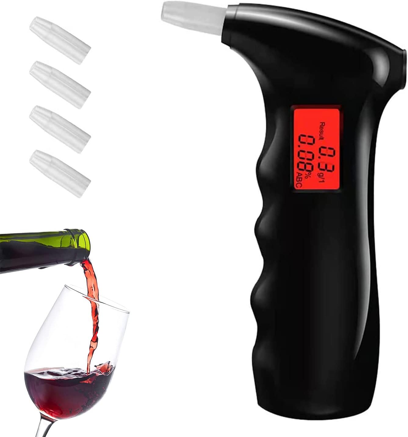 Portable Alcohol Tester, Professional Breathalyzer Digital LCD Display Auto Power Off Sound Alarm with 5 Mouthpieces for Drivers or Home Use, Black