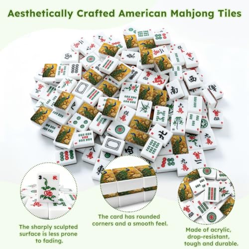VETEB American Mahjong Tile Set Elegant Peacock Perched Amidst Vibrant Blossoms Golden Chinoiserie 166 Acrylic Mahjong Tiles 1.4" Large Mahjong Game Set with Bag and Accessories for Gift Travel Party - Image 6