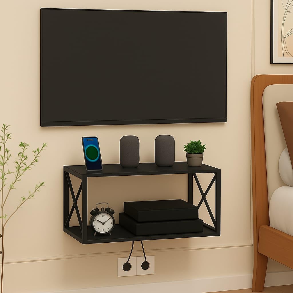 Modern Wall-Mounted TV Console Shelf, 2-Tier Storage Rack, Black Metal Frame with X-Design, Home Entertainment Center-image-14