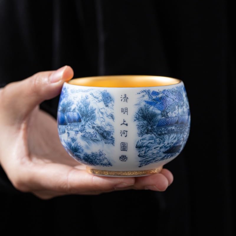 Tazas de té Pequeñas Taza de porcelana azul y blanca del maestro, taza té jadeíta, tazón individual a lo largo río durante el Festival Qingming, juego cerámica, lujo vintage Taza de té de Kungfu