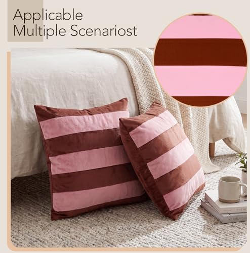 Image of Flutesan 2 Pack Velvet Stripes Throw Pillow Covers - 18x18 Inch Pink and Brown Velvet Pillow Cover Decorative Modern Square Cushion Cases for Sofa Couch Bed Chair Living Room Decor