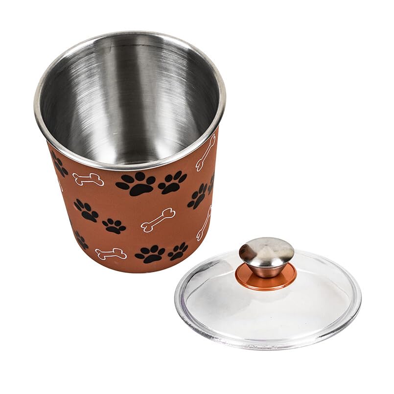HAPPET Futterkasten 1,9 L - Metall-Trockenfutter und Leckereien, Dicht, Rutschfest, Braun Muster Fuß, Hygienisch, Ästhetisch, 15 cm, Für Hundeess-Lagerung
