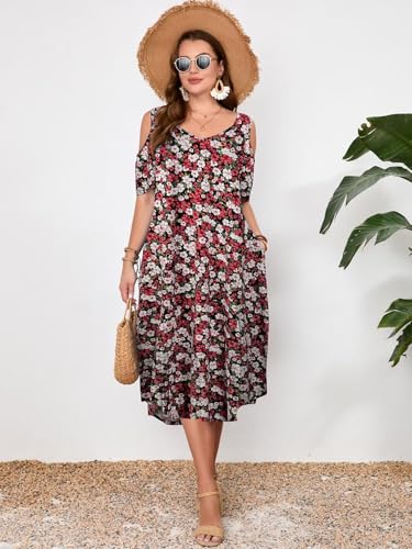 Image of LARACE Plus Size Women Dress for Summer, Midi Women's Sundress, Casual V-Neck Short Sleeve Flowy T-Shirt Dresses with Pockets