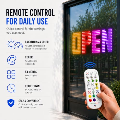 Image of 43 inch x 14 inch Open Sign for Business, Large RGB LED Open Sign with App & Remote Control, 64 Lighting Modes, Adjustable Color Brightness and Speed, 24 /7 Timer, Indoor Storefront Window Sign for Bar Salon Cafe Retail Shops