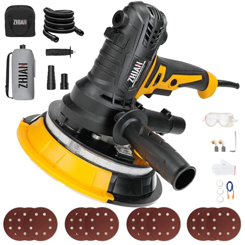 ZHJAN Lijadora de Pared 900W,1400-2700 RPM/5velocidades de succión variable ajustable, Lijadora pared y techo con luz LED,Sistema de Autolimpieza/8 discos de lijado,lijadora pladur lijado grueso/fino