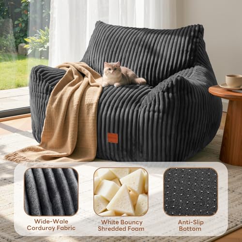 Image of Giant Bean Bag Chair, Oversized Bean Bag Couch for Adults, Fluffy Corduroy BeanBag with Armrests for Living Room, Bedroom, Dorm Vacuum-Compressed for Easy Gifting, 48h to Expand, Dark Gray