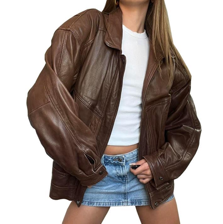 Lishow Fashion Women's Vintage 90S Genuine Leather Oversize Retro