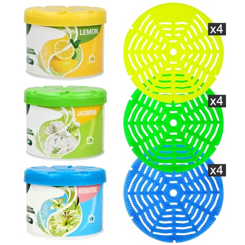 Tinglan 12 Pack Urinal Screens Deodorizer, And 3 Pack Solid Freshener Urinal Splash Pad Long Lasting Fragrance Suitable For Public Toilets In Schools cover