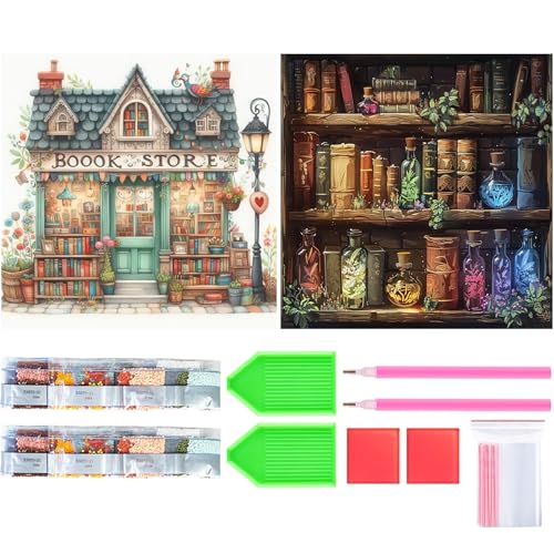 Amyaker ダイヤモンドアート キット 丸いビーズ 全面 2個セット ダイアモンドビーズ絵画キット DIY 手作り絵画 モザイクアート 5D モザイクアート ダイヤモンド塗装 全面貼り付けタイプ 30x30cm 書店