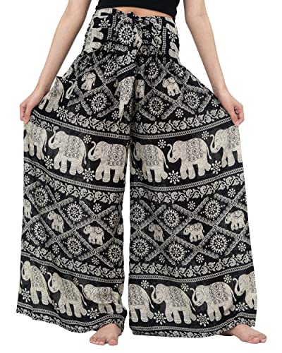 B BANGKOK PANTS Women's Boho Palazzo Pants Wide Leg Lounge Elephant Pants (Black Elephant, 20-24 Plus)