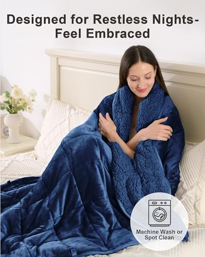 Image of Ultra-Soft Weighted Blanket for Adults(15 lbs, 60 inch x 80 inch Queen Size) Plaid Sherpa Fleece Reversible Heavy Blanket with Glass Beads, Perfect for 140-190 lbs, Machine Washable, Navy Blue