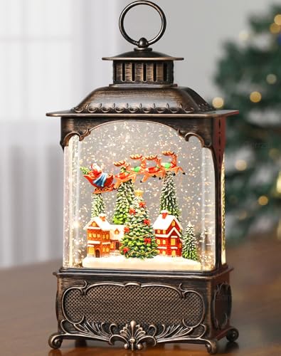 Gorrzai Village Snow Globe Lantern Christmas Snow Globes, Lighted Musical Christmas Decorations Indoor for Home with Music Timer Swirling Glitter, Santa Church Reindeer Decor, USB or Battery Operated