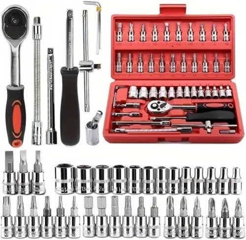 Kit Ferramentas 46 Peças com Chave Catraca 1/4', Soquetes Métricos Allen e Torx, Barra Extensora, Aço Cromo Vanádio – Maleta Compacta para Reparos Automotivos, Oficina e Uso Doméstico - Premium