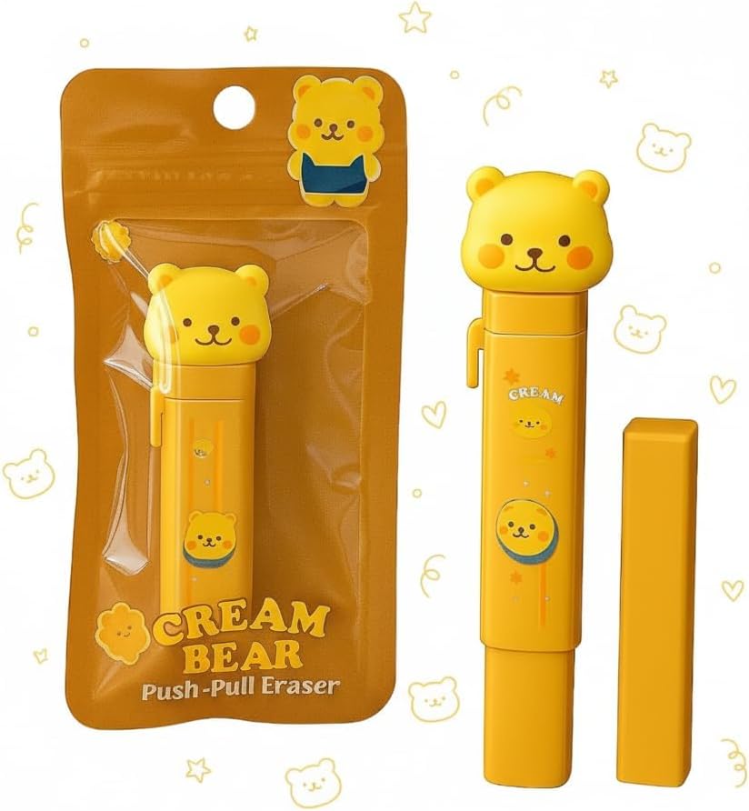 Push Pull Eraser Pen Style with Space Travel Cap | Refillable Retractable Rubber Stick for Students, Artists, Drawing, & School Supplies | Space Theme Stationery | (Creamy Bear Eraser)