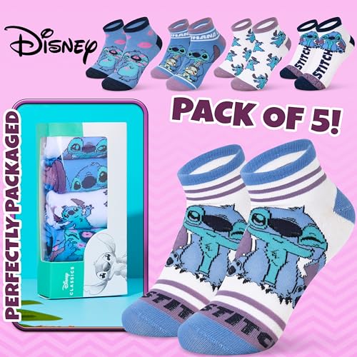 Image of Disney Stitch Ankle Socks for Women, Teens US Size 4-9, Pack of 5 Casual Ladies Socks, Gifts for Her