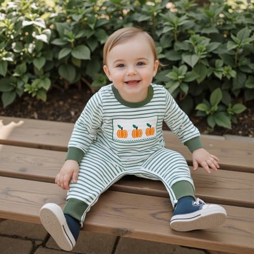 Newborn Baby Boy Girl Halloween Outfit Pumpkin Embroidery Stripe Romper Jumpsuit Bodysuit Fall Winter Clothes4