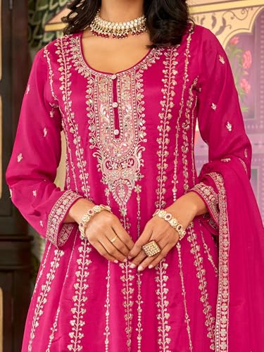 Image of INDO ERA Women's Anarkali Chinon Ethnic Motifs Embroidered Kurta & Palazzo with Dupatta Set (IEOUT10822)