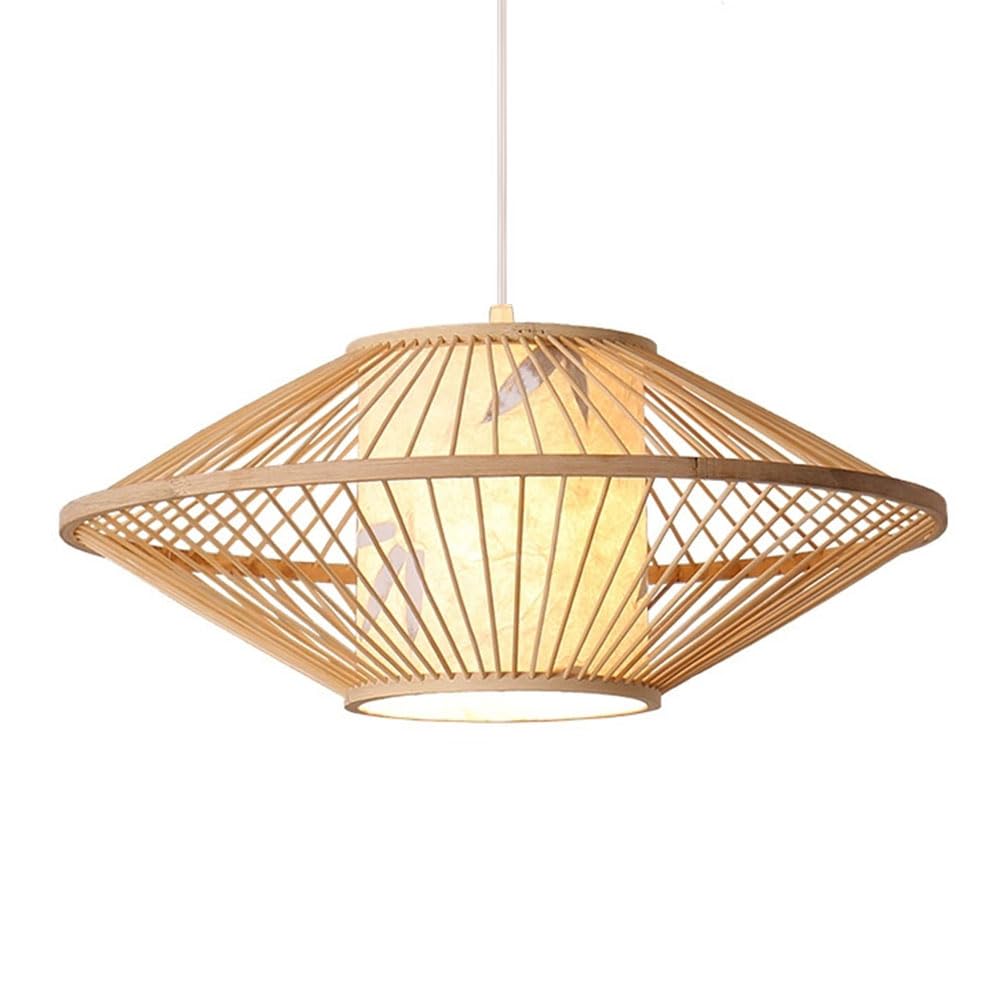 LQZCXMF Handmade Chandelier Bamboo Dome Shade Wooden Wicker Pendant Light Beige Finish Hanging Tea Room Stairs Light Hollow Lantern Home Decor for Dining Living Kitchen Hallway, Dia 19.7”